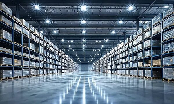 An empty warehouse with rows of storage shelves and bright lights reflecting on the shiny floor.