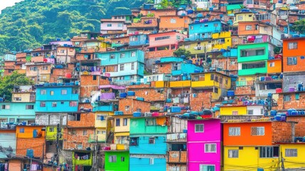 Obraz premium A vibrant view of a Brazilian favela with colorful houses stacked on a hillside and people in the streets below.