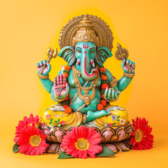 Colorful lord ganesha sculpture on yellow background