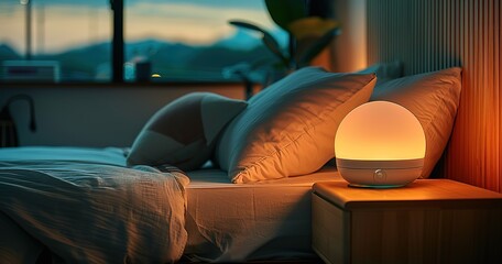 A bedroom with a lamp on a nightstand