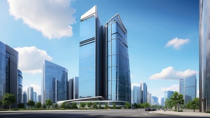 Corporate skyscraper with a modern, sleek design, towering in a business