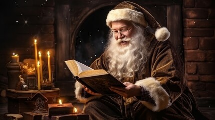 Fototapeta premium Santa claus opening a christmas present under a starlit sky in a joyful festive scene