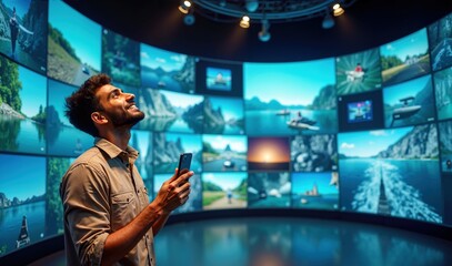 Indian Man Holding Smartphone Immersed in a Vibrant Multimedia Display of Global Travel Destinations