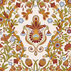 Vintage floral ornament with blooming flowers , baroque elements  seamless design