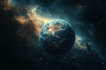Obraz premium A view of Earth from space, with city lights glowing at night, surrounded by a vast starry nebula.