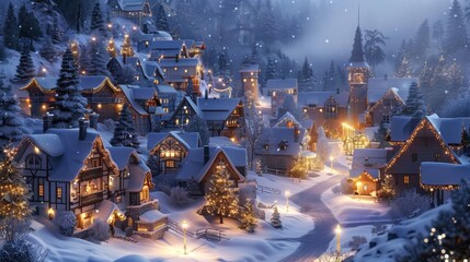 Obraz premium Enchanting Snow-Covered Village with Christmas Lights - Perfect for Holiday Cards or Posters