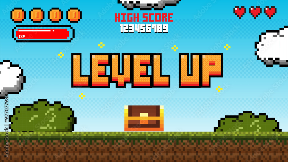 Fototapete pixel art game level up background.video game level up background. retro 8 bit video game interface 