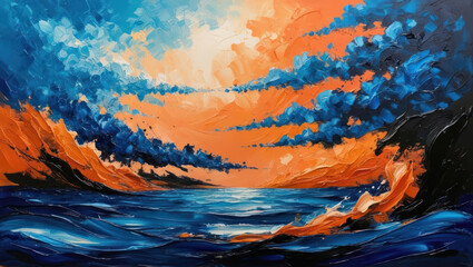 A rich seascape with powerful waves, made in bright colors, conveying the dynamics and beauty of nature