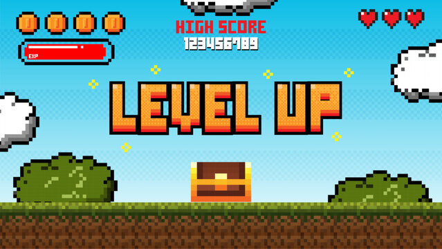 Pixel art game level up background.Video game level up background. Retro 8 bit video game interface with You Win text, computer game level up background.