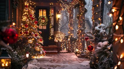 Fototapeta premium Charming Outdoor Christmas Display with Twinkling Lights, Decorated Tree, and Festive Lanterns