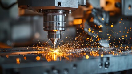 Precision Manufacturing at Work: Closeup of CNC Machine Cutting Metal in Modern Factory with Copy Space