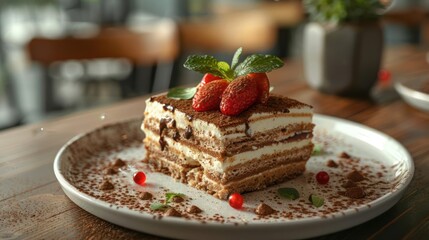 A delicious cheesecake dessert garnished with strawberries and chocolate, served on a white plate.
