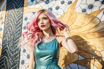 Fototapeta premium Una chica de cabello rosa posa frente a un mosaico de una flor