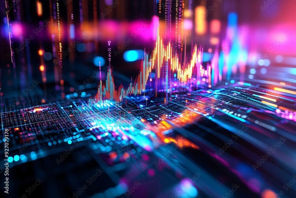 Poster colorful digital waveforms representing data analytics and technology in a vibrant cyber environment