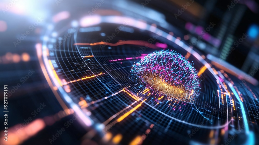 Poster futuristic abstract representation of data visualization, featuring glowing nodes and lines in a dig