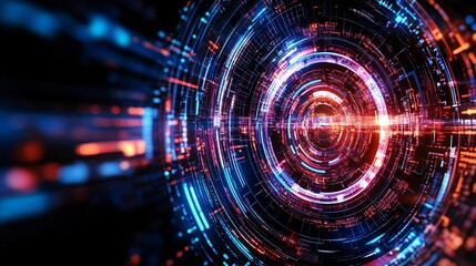 Fototapeta premium Colorful abstract background showcasing circular patterns with vibrant lights and motion effects for technology themes.