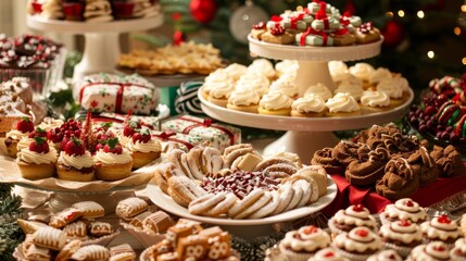 Fototapeta premium Festive Christmas Dessert Table with Assorted Holiday Treats, Cookies, Cakes, and Candies