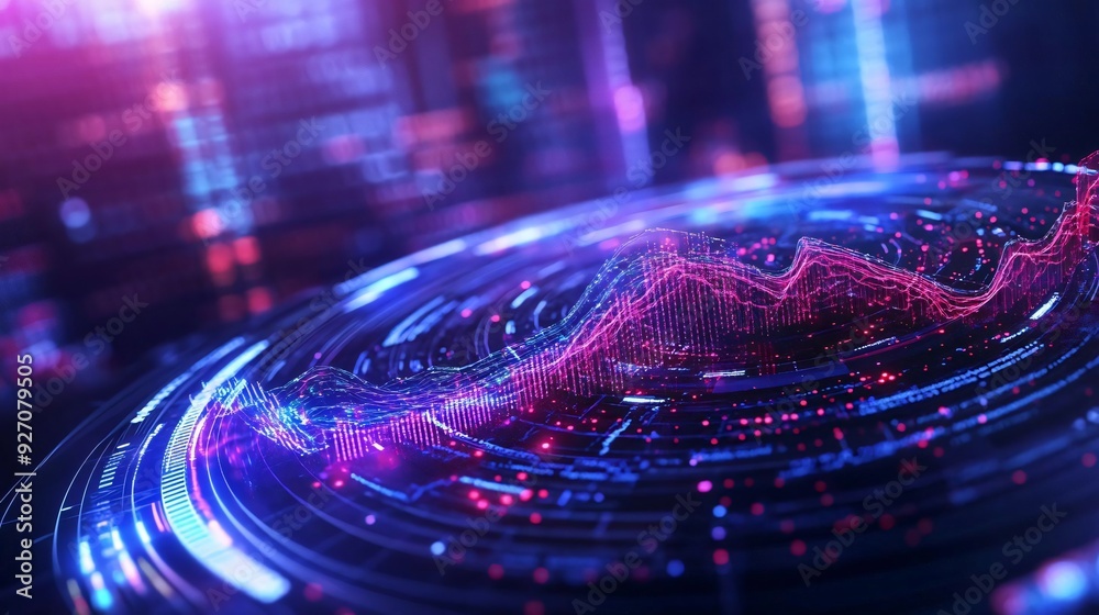 Poster vibrant digital abstract featuring colorful data visualization with glowing lines and shapes, repres