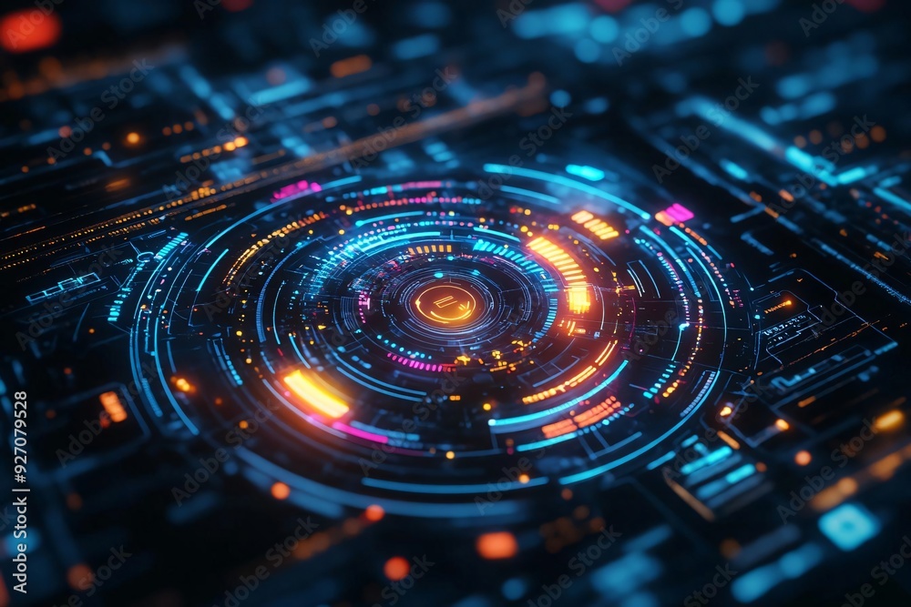 Poster vibrant digital circuit with luminous patterns, showcasing advanced technology and futuristic design