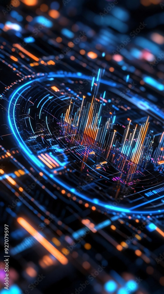 Poster vibrant digital technology abstract featuring colorful data visualization with glowing lines and int