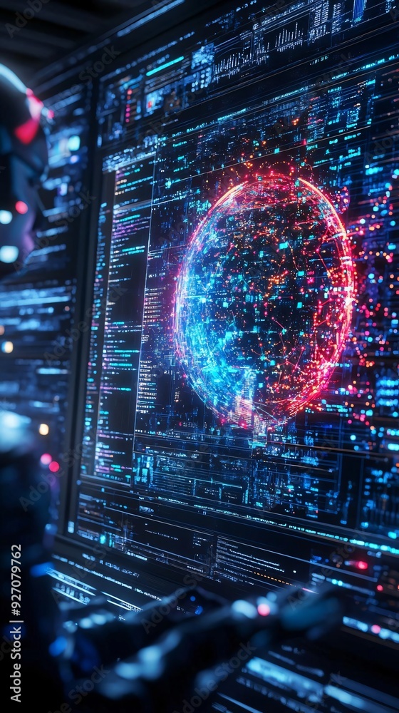 Poster a futuristic interface displays intricate data patterns and a glowing sphere, symbolizing advanced t