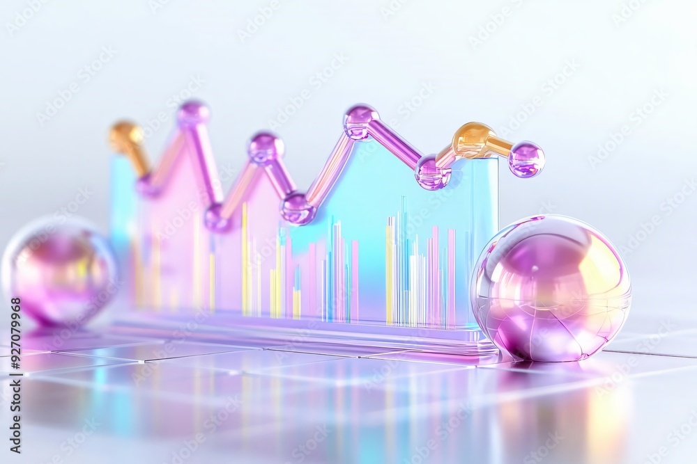 Poster a vibrant and modern graph with colorful lines and spheres, representing data analysis and trends in