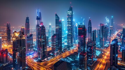 Naklejka premium High angle view of skyscrapers in the financial and business district at night with lights in a modern big city.