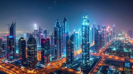 Obraz premium High angle view of skyscrapers in the financial and business district at night with lights in a modern big city.