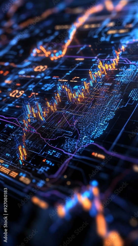 Poster abstract digital data visualization with bright graphs and dynamic lines, reflecting trends and anal