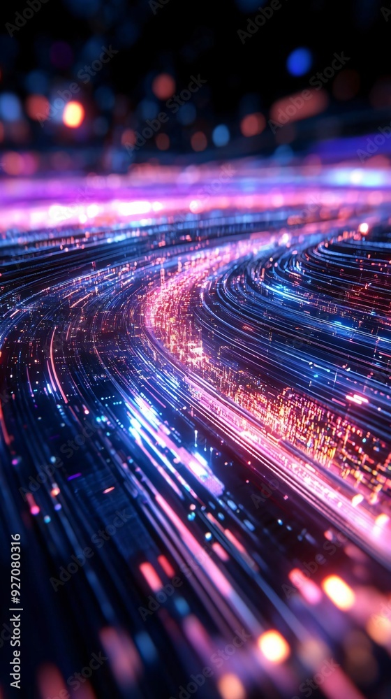 Poster abstract light trails create a vibrant, dynamic background with colorful glowing lines and digital e