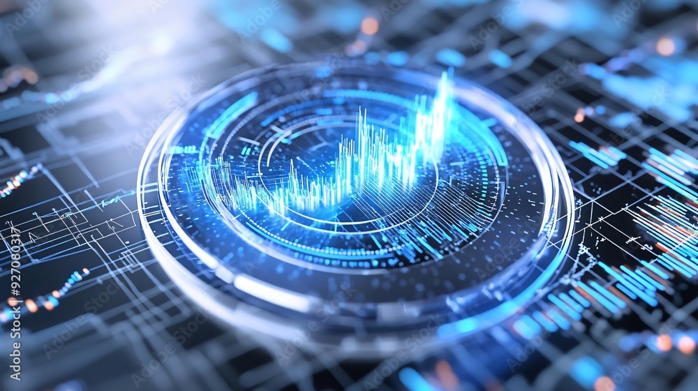 Poster abstract representation of data visualization with blue digital elements on a circuit background, sy