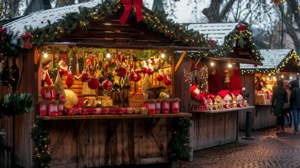 Obraz premium Festive Holiday Market Stall with Christmas Decorations and Themed Gifts for Seasonal Cheer