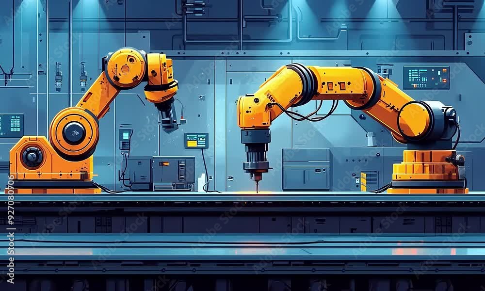 Poster two yellow robotic arms are suspended in a futuristic factory setting.