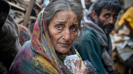A woman with worried expression looks directly at camera, conveying sense of concern and resilience. background suggests challenging environment. 