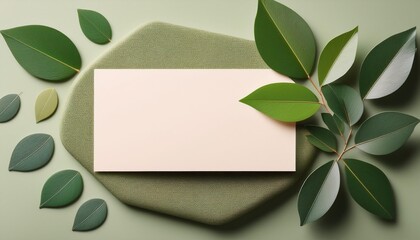 A business card with a natural theme, featuring soft green and earthy tones, with delicate leafy motifs framing a blank space for contact details