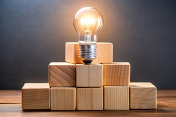 Light bulb on wooden blocks.
