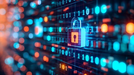 Fototapeta premium The lock is 3D rendered and blue with a glowing orange keyhole. The code is blue and white with a few orange numerals. The background is out of focus, with red and blue bokeh circles.