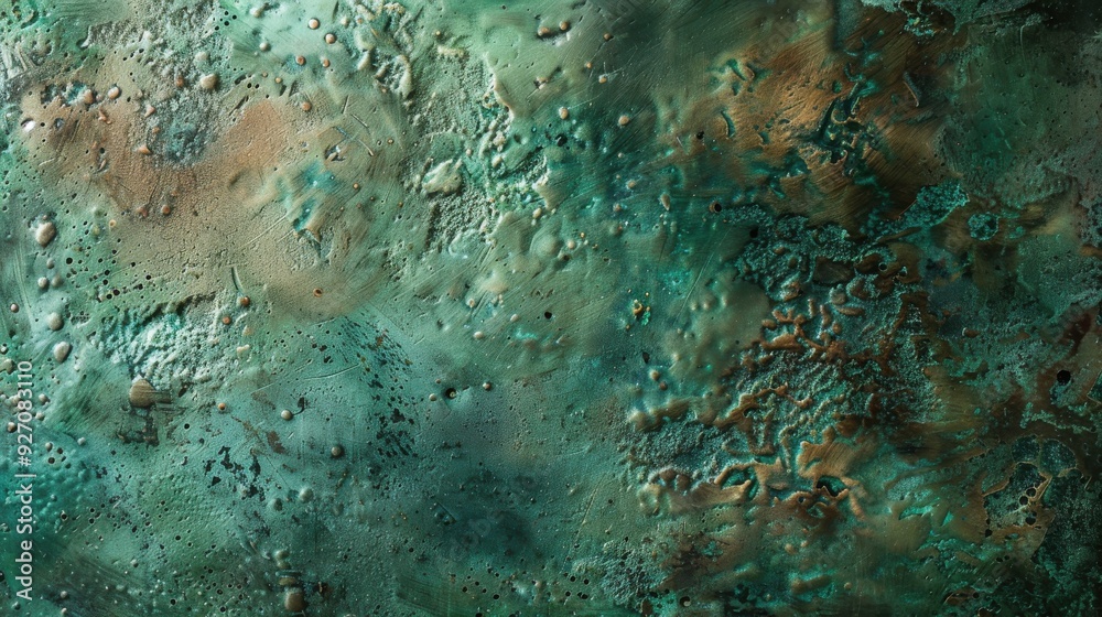 Poster a close-up image of a textured metal surface. the surface is predominantly green with brown and teal