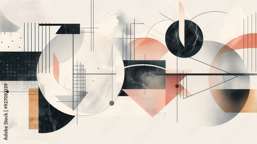 Poster an abstract geometric composition featuring overlapping circles, triangles, and lines. the artwork i