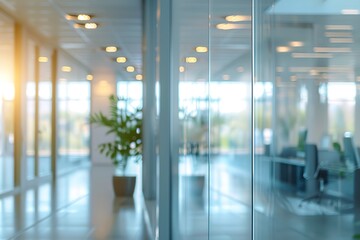 A large open office space with a potted plant in the middle