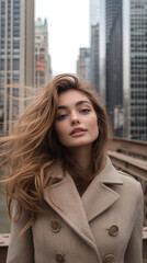 Fototapeta premium portrait of fashionable young woman stands confidently in a city hair blowing in the wind against the urban backdrop with serene expression and elegant coat