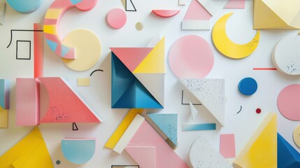 A white surface is covered with colorful geometric shapes. The shapes are primarily triangles, squares, circles, and rectangles. Some of the shapes have a textured, speckled surface, adding visual int