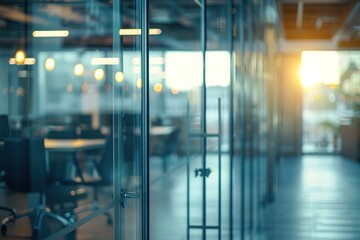 A large open office space with glass walls and a bright sun shining through