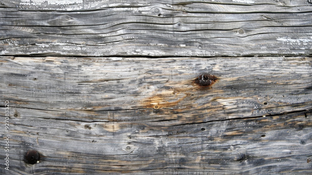 Poster a close-up image of a weathered gray wooden plank with visible knots, grain patterns, and signs of a