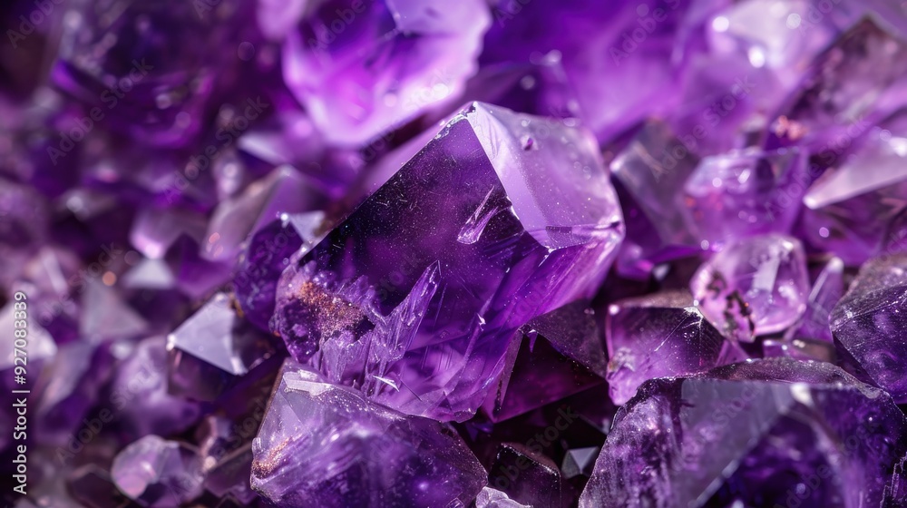 Poster a close-up image captures the intricate details of a cluster of amethyst crystals. the vibrant purpl