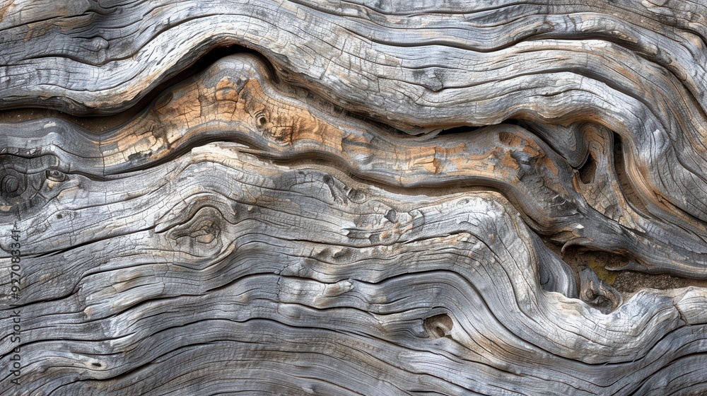 Poster The image shows a close-up of a weathered tree trunk, revealing a network of gnarled branches and intricate grain patterns. The wood is a mix of light and dark gray, with some areas showing a reddish-