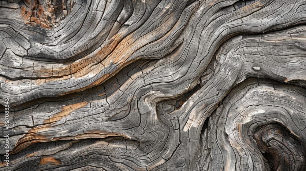 Poster The image shows a close-up of the gnarled and twisted knots in a large tree trunk. The wood is a mix of gray and brown, with deep cracks and lines highlighting the wood's age and history.