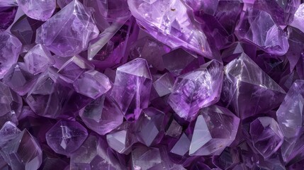 A large group of amethyst crystals is pictured, with a close-up view of their purple and clear facets.