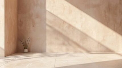 Sunlight casts long shadows across a minimalist room, illuminating a plant in a pot and the light beige walls and floor tiles.