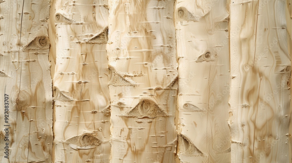 Poster a close-up view of several sections of birch tree bark, showing the natural texture of the wood and 